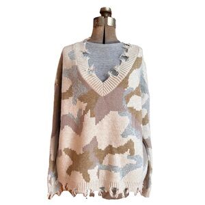 Hem & Thread Camouflage V Neck Sweater Frayed Distressed Edges, Soft Oversized